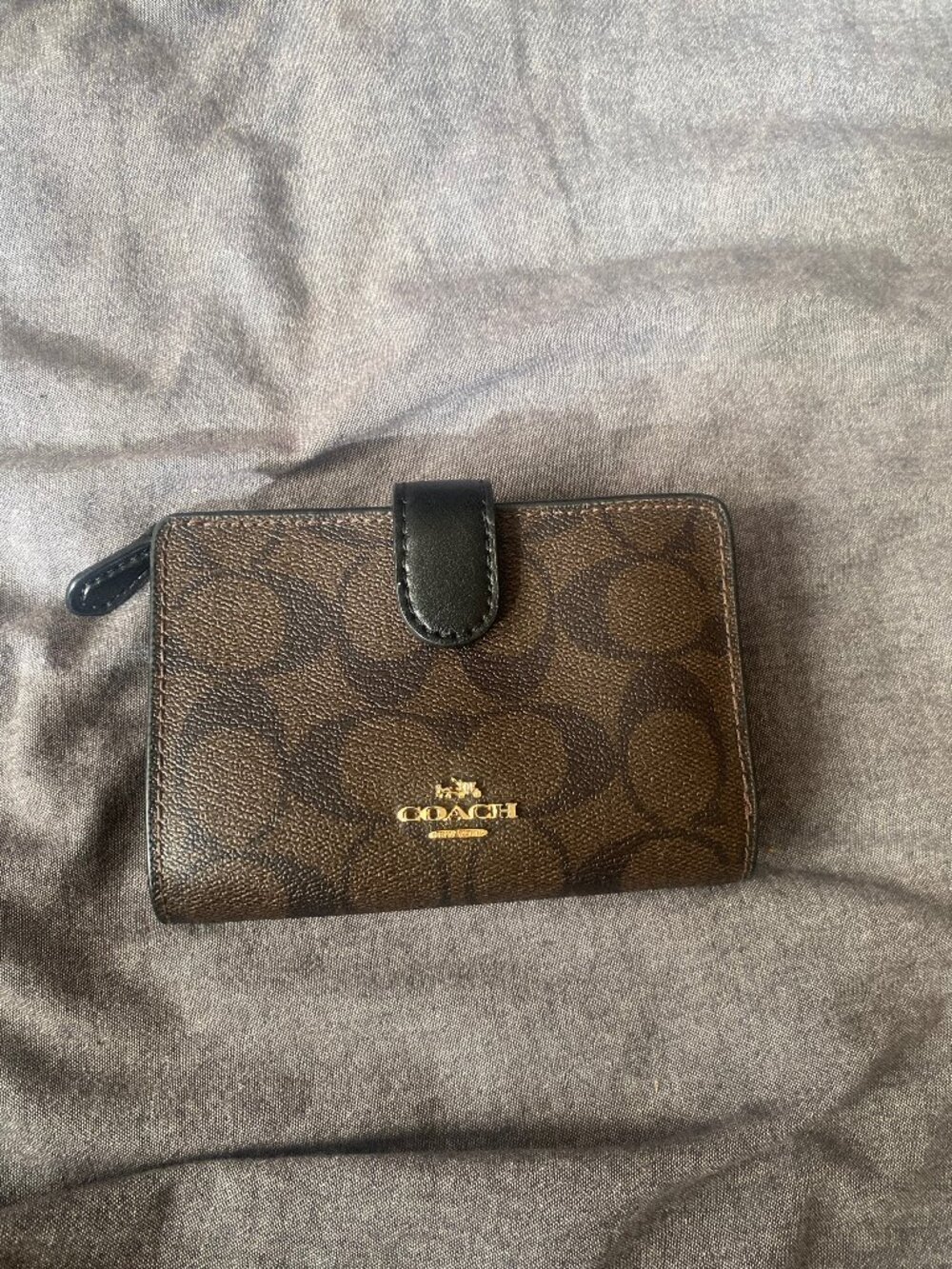Coach Signature Medium Brown Canvas Black Leather Snap Wallet